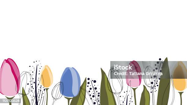 Fond De Vecteur Avec Des Tulipes Et Feuilles Vecteurs libres de droits et plus d'images vectorielles de Fleur - Flore - Fleur - Flore, Printemps, Tulipe