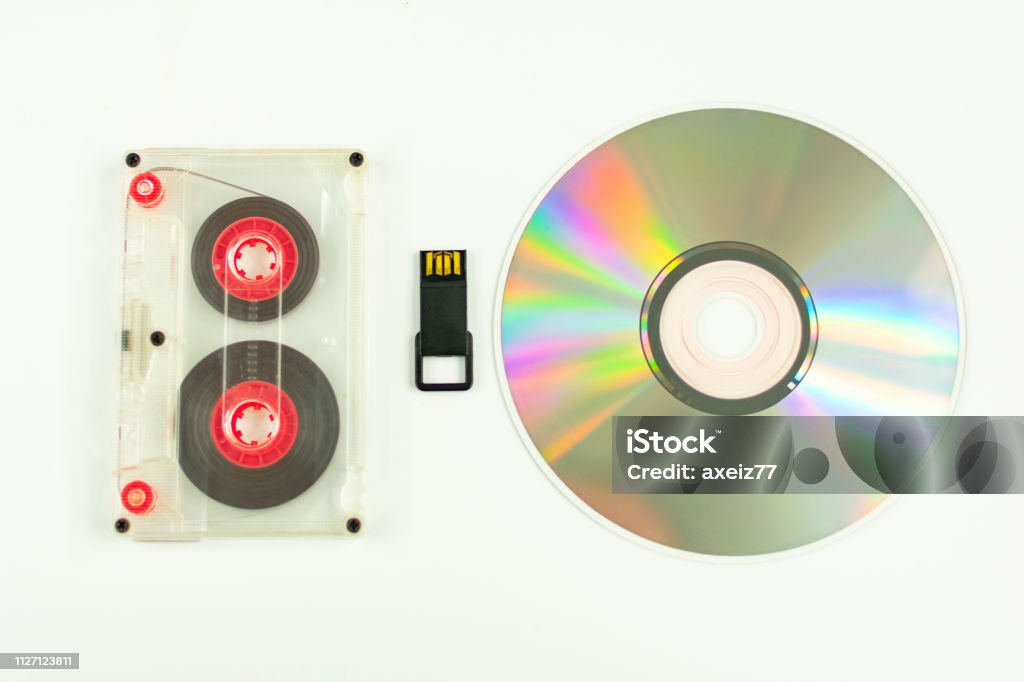 Compact Disc Memory Compact Disc Compact Cassette And Flash Memory Usb On A White ...