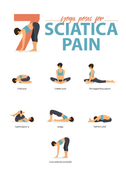 ilustrações de stock, clip art, desenhos animados e ícones de set of yoga postures female figures infographic 7 yoga poses for relive sciatica pain in flat design. woman figures exercise in blue sportswear and black yoga pants. vector - posture women side view yoga