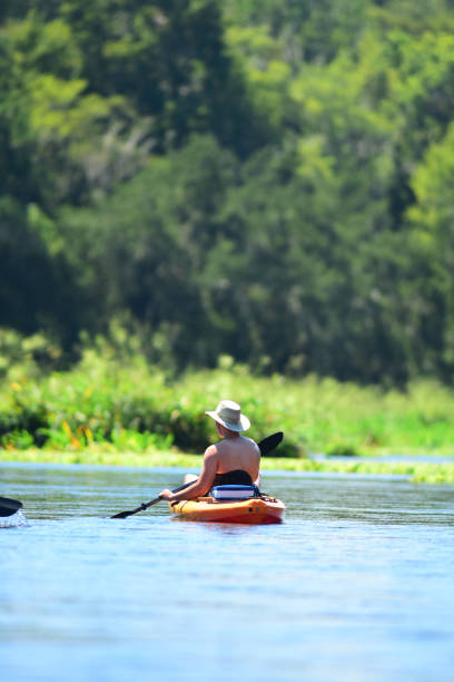 istock Young man paddling his kayak down a calm river through a forest 1127125012