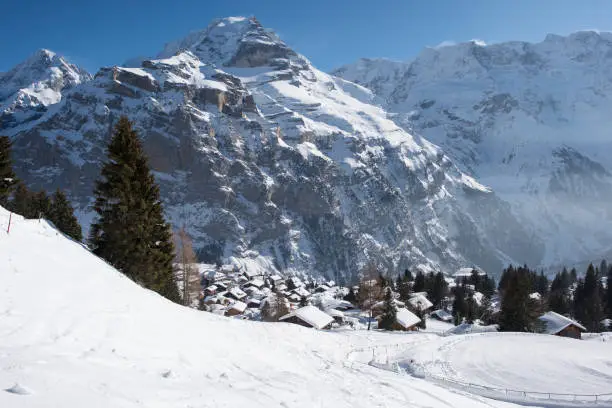 Winter wonderland on a beautiful sunny day in the swiss alps, above the mountain village  murren.