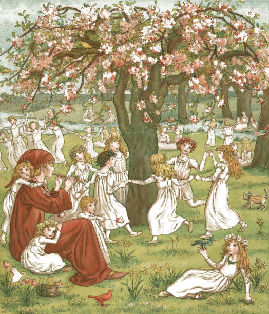 Young girls dancing amongst the trees while the Pied Piper plays his pipe The Pied Piper playing his pipe to children in the fields near the town of Hamelin in Lower Saxony, Germany, on a beautiful spring day. The legend of the Pied Piper tells how he removed a plague of rats from the town in 1284, luring them away by playing his pipe; however, when the townsfolk refused to pay him, he enticed away most of their children in the same manner. From “The Pied Piper of Hamelin” by Robert Browning, illustrated by Kate Greenaway, published by George Routledge & Sons, London, Glasgow, Manchester and New York in 1888. pied stock illustrations