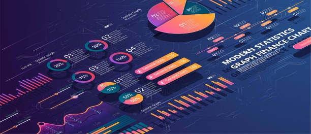 illustrazioni stock, clip art, cartoni animati e icone di tendenza di set di elementi vettoriali infografici colorati: grafica di presentazione, statistiche di dati e diagrammi. design isometrico 3d. - hexagon three dimensional shape diagram abstract