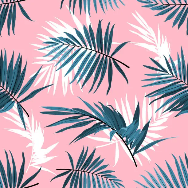 Vector illustration of Tropical leaves seamless pattern, Green palm fronds on a pink background. Summer tropical backdrop, Vector repeat ornament