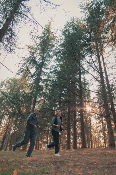 istock Senior couple jogging in a forest 1127129589