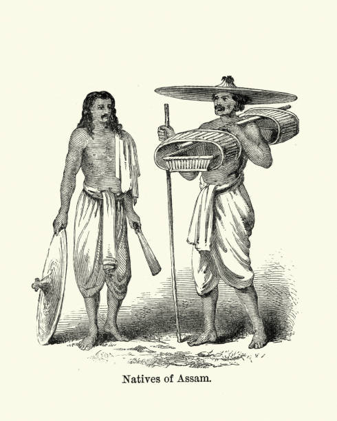 Natives of Assam, India, 19th Century Vintage engraving of Natives of Assam, India, 19th Century assam stock illustrations