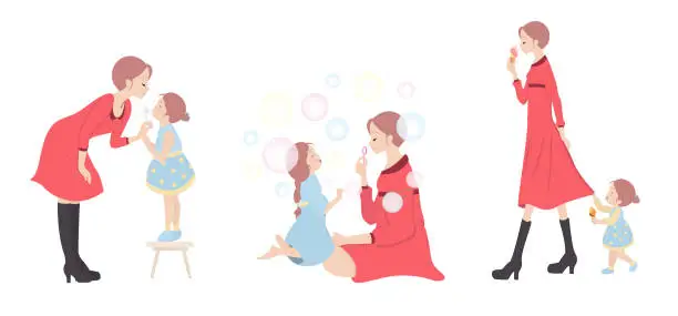 Vector illustration of Mother and daughter characters set on white background.