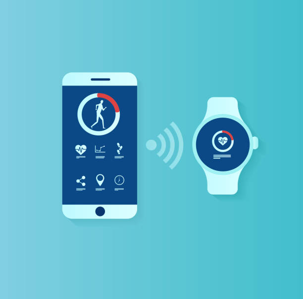 Vector of user interface for smartwatch and smartphone being synchronized Fitness tracker app concept. Vector of user interface for smartwatch and smartphone being synchronized wrist exercise stock illustrations