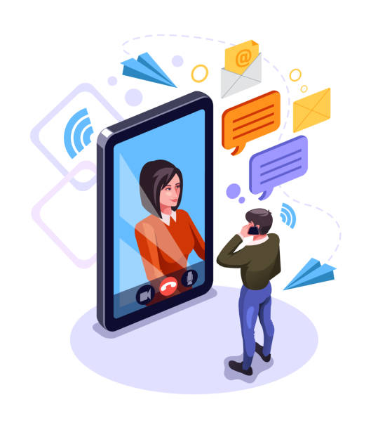 istock Two people man and woman character talking by smart phone. Online communication email message concept. Video call chat. Vector flat graphic design cartoon isolated illustration 1127132978