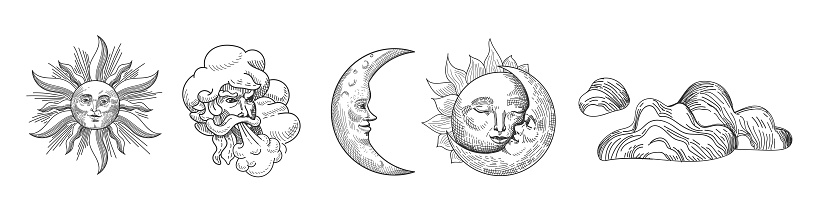 Sun and Moon Vintage Collection. Oriental Style Design with Stars and Celestial Astrological Symbols for Fabric, Wallpaper, Decoration. Vector illustration