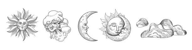 Sun and Moon Vintage Collection. Oriental Style Design with Stars and Celestial Astrological Symbols for Fabric, Wallpaper, Decoration. Vector illustration Sun and Moon Vintage Collection. Oriental Style Design with Stars and Celestial Astrological Symbols for Fabric, Wallpaper, Decoration. Vector illustration moon drawings stock illustrations