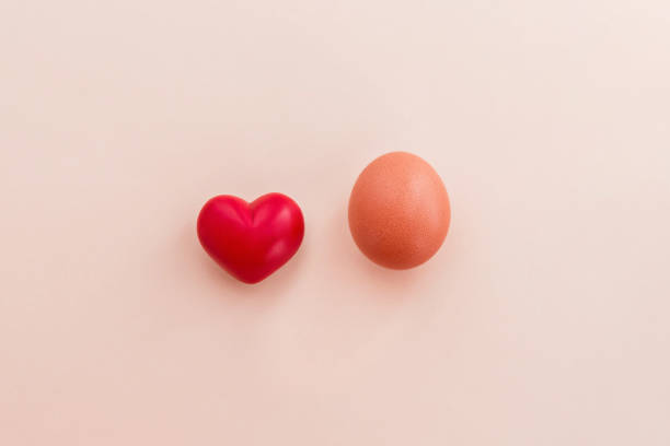 istock Brown egg and red heart on pastel background. 1127133188