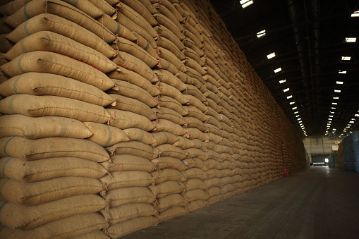 Bags rice in warehouse