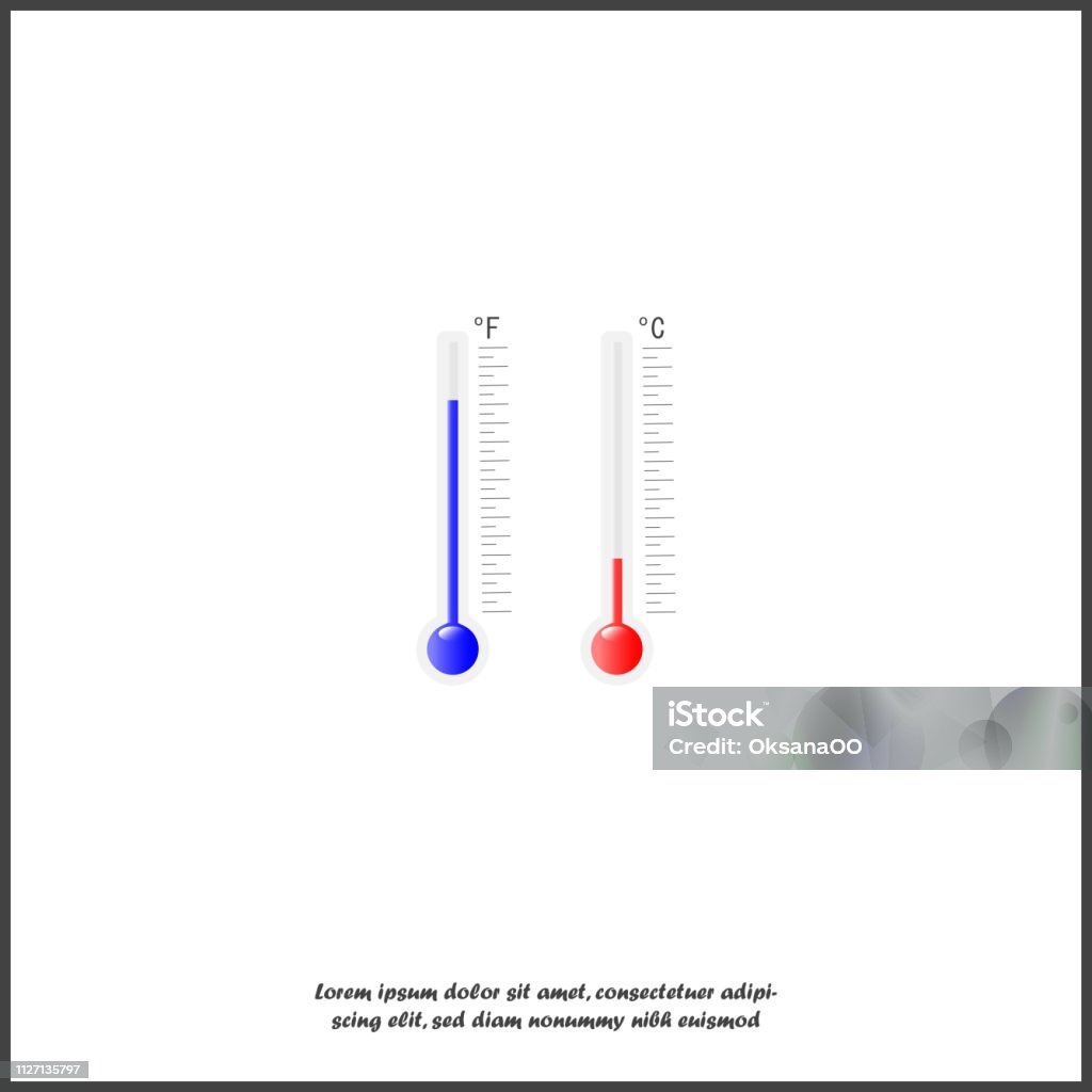 Vector thermometer shows cold and heat in Celsius and Fahrenheit. Meteorological thermometer red and blue colors  on white isolated background. Vector thermometer shows cold and heat in Celsius and Fahrenheit. Meteorological thermometer red and blue colors  on white isolated background. Layers grouped for easy editing illustration. For your design. Accuracy stock vector