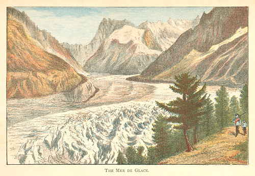 The Mer de Glace (Sea of Ice) valley glacier on the northern slopes of Mont Blanc in the French Alps; it is the largest glacier in France. From “The World’s Foundations or Geology for Beginners” by Agnes Giberne. Published in 1899 by Seeley, Jackson & Halliday, London.