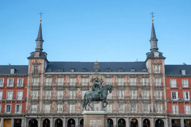 MADRID, SPAIN - February, 2019: View of famous Plaza Mayor with statue of King Philips III in downtown Madrid