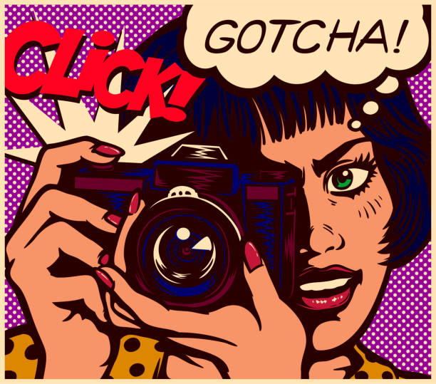 pop art comic stil paparazzi reporterin fotograf mädchen unter bild mit vintage foto-kamera-vektor-illustration - comic kunstwerk stock-grafiken, -clipart, -cartoons und -symbole