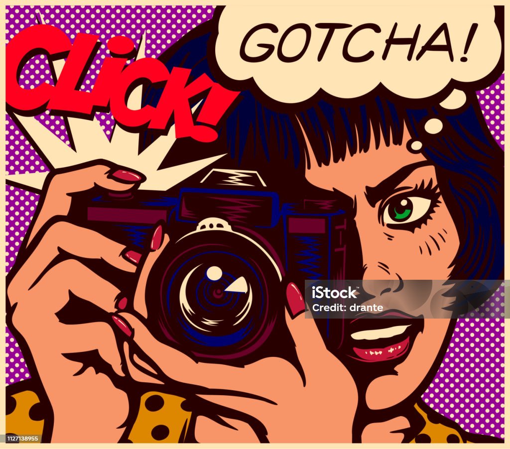 Pop art comics style paparazzi female reporter photographer girl taking picture with vintage photo camera vector illustration Pop art comic book style paparazzi photographer or female reporter journalist girl taking picture with vintage analog photo camera and speech bubble vector illustration Comic Book stock vector
