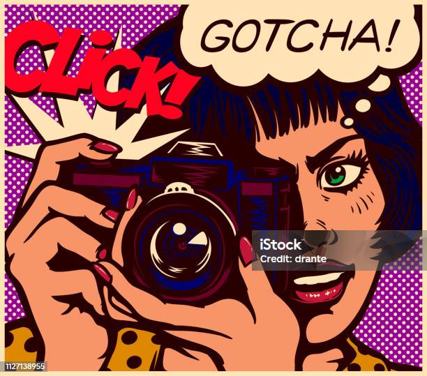 Pop Art Comics Style Paparazzi Female Reporter Photographer Girl Taking Picture With Vintage Photo Camera Vector Illustration Stock Illustration - Download Image Now