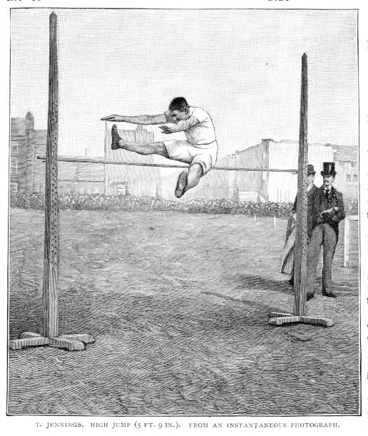 istock Victorian black and white engraving of T Jennings completing his record breaking high jump in 1890; 19th century athletic champions of Oxford and Cambridge university; English Illustrated 1892 1127139829
