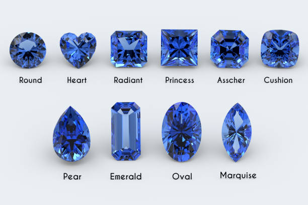 Ten blue sapphires of the most popular cut styles with titles on white background Diamond cut styles with names: radiant, heart, princess, cushion, asscher, round, pear, emerald, oval, marquise sapphire stock pictures, royalty-free photos & images