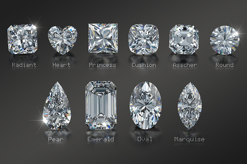 Diamond cut styles with names: radiant, heart, princess, cushion, asscher, round, pear, emerald, oval, marquise