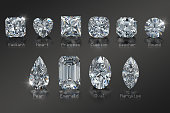 Ten diamonds of the most popular cut styles with titles on black background