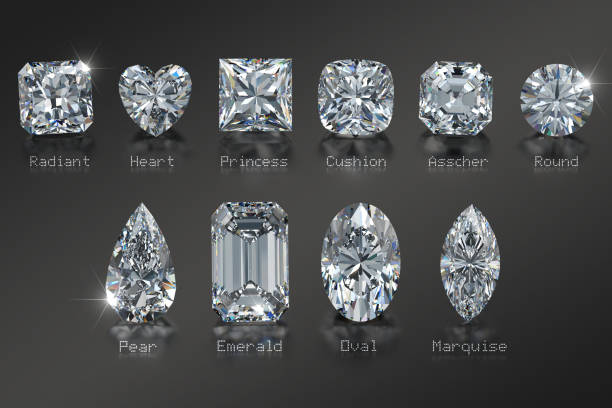 Ten diamonds of the most popular cut styles with titles on black background Diamond cut styles with names: radiant, heart, princess, cushion, asscher, round, pear, emerald, oval, marquise diamond gemstone stock pictures, royalty-free photos & images