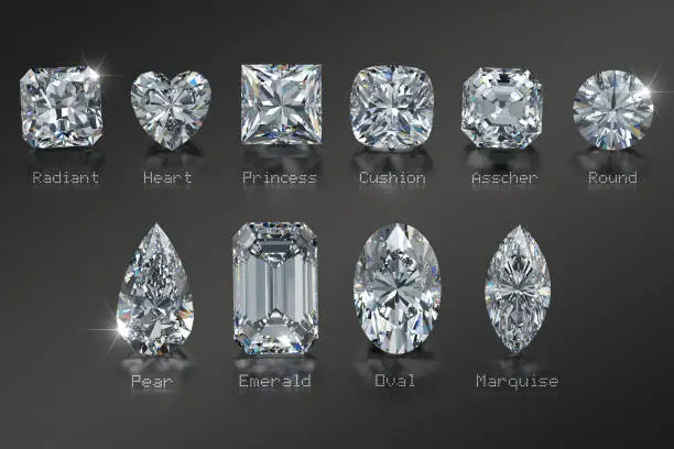 Photo of Ten diamonds of the most popular cut styles with titles on black background
