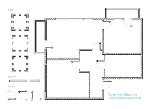 바닥 계획 이다입니다. 건축 요소와의 아파트 청사진 집 프로젝트입니다. 벡터 일러스트 레이 션 - open plan stock illustrations