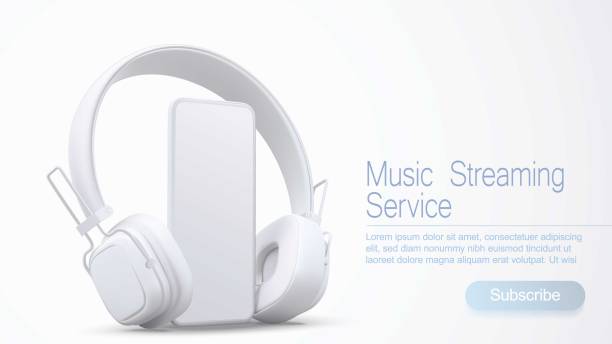istock 3D style headphones and smartphone on a white background, Concept banner design for music streaming service 1127141961