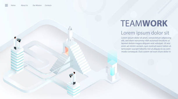 istock Landing page template of business success boost. Teamwork and industry 4.0 concept. 3d realistic vector. 1127142097