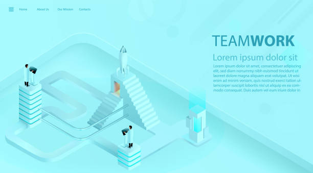 istock Landing page template of business success boost. Teamwork and industry 4.0 concept. 3d realistic vector. 1127143471