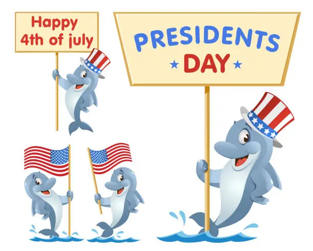 Vector illustration of Presidents day. 4th of july. Funny dolphin holds American flag. Cartoon styled vector illustration.