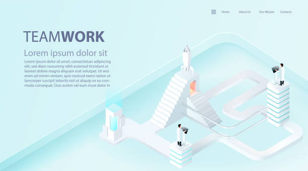 istock Landing page template of business success boost. Teamwork and industry 4.0 concept. 3d realistic vector. 1127145024