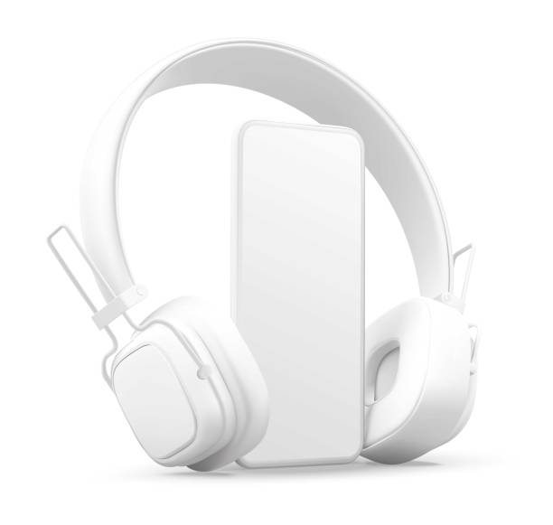 istock 3D style headphones and smartphone on a white background, Concept banner design for music streaming service 1127145078