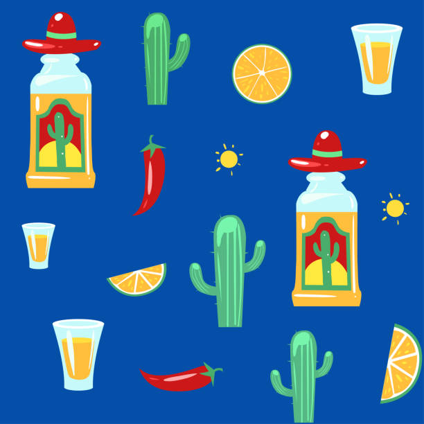 데 킬 라, 샷, 라임, 완벽 한 패턴입니다. 벡터 일러스트 레이 션 - shot glass mexican culture lime alcohol stock illustrations
