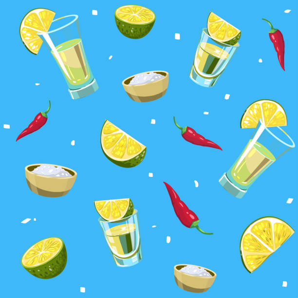 nahtlose muster mit tequila, schuss, kalk. vektor-illustration - tequila slammer stock-grafiken, -clipart, -cartoons und -symbole