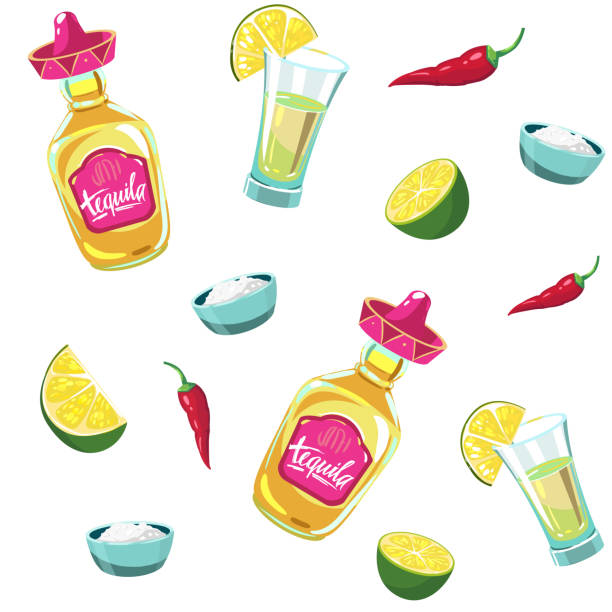 데 킬 라, 샷, 라임, 완벽 한 패턴입니다. 벡터 일러스트 레이 션 - shot glass mexican culture lime alcohol stock illustrations