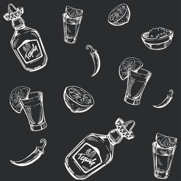 데 킬 라, 샷, 라임, 완벽 한 패턴입니다. 그림을 스케치 합니다. 벡터입니다. - shot glass mexican culture lime alcohol stock illustrations