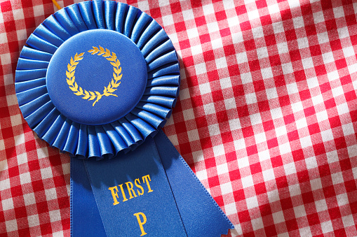 A first place blue ribbon rests on top of a red and white checkerboard tablecloth.