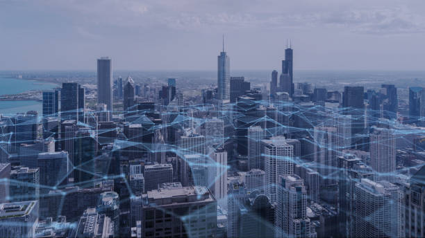 istock Chicago city with connection polygonal line Futuristic digital technology concept 1127145436