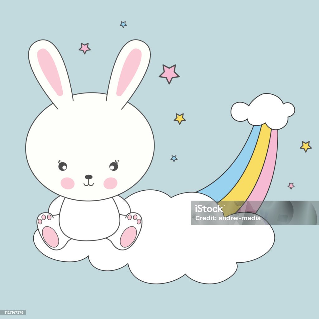 Beautiful Cute Rabbit Sitting On A Cloud And Dreams Of Love Stock ...
