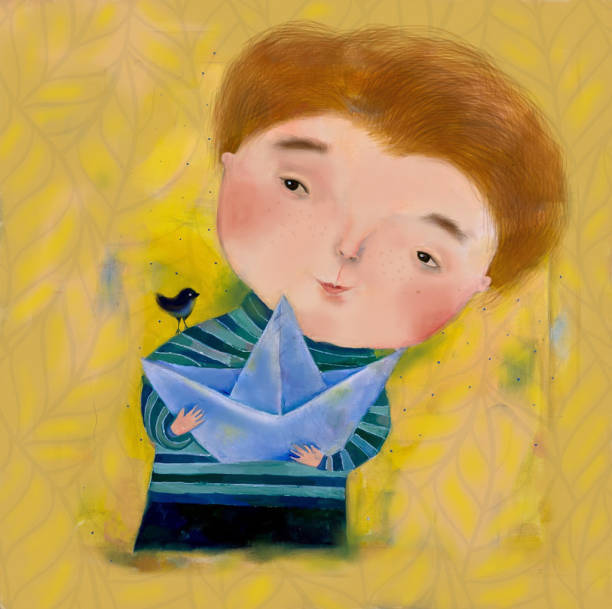 A child with a paper boat in his hands with a bird on his shoulder ornamental background постер stock illustrations