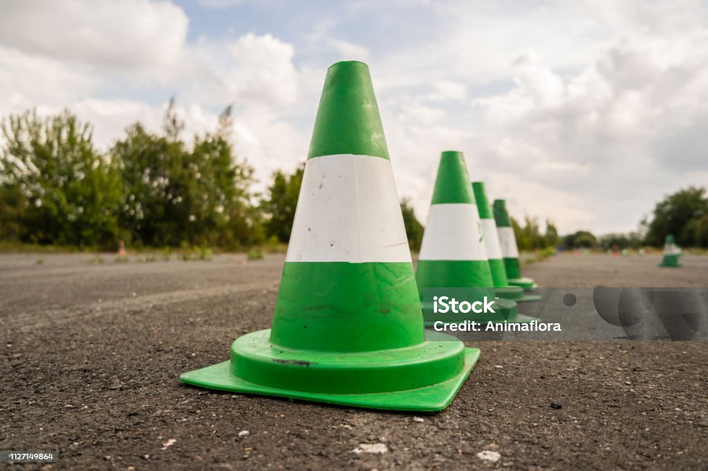 Green pylons driving exercise area Driving Test Stock Photo