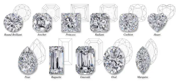 Photo of Eleven popular diamond cut shapes with names, diagrams on white background