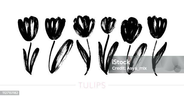 Collection Of Hand Drawn Graphic Tulips Vector Floral Clip Art Elements Stock Illustration - Download Image Now