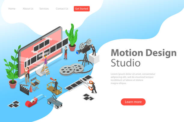 Isometric flat vector concept of motion design studio, video editor app. Isometric flat vector landing page template of motion design studio, video editor app, creating video online. landing page photos stock illustrations