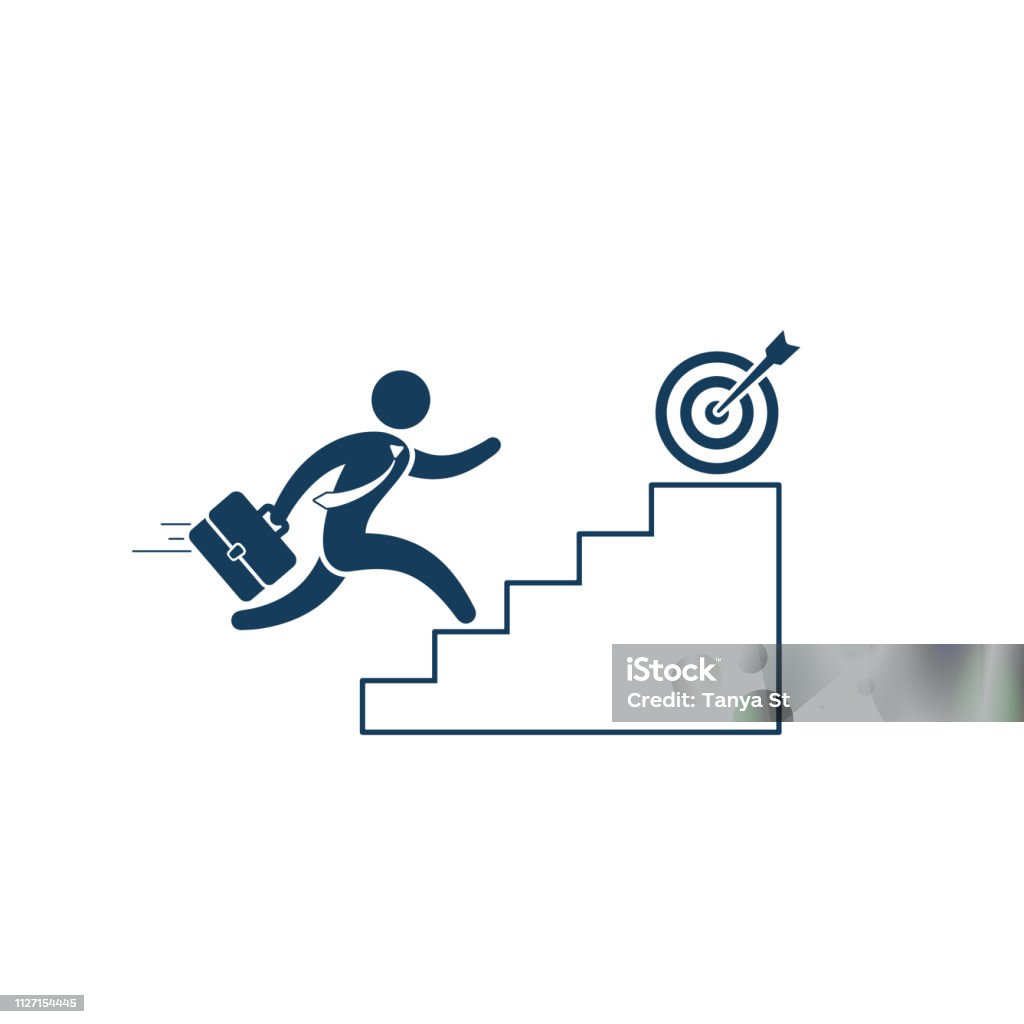 Businessman Walking up Stairs to Goal Target, Business Concept, Vector simple illustration Businessman Walking up Stairs to Goal Target, Business Concept, Vector simple illustration. Staircase stock vector