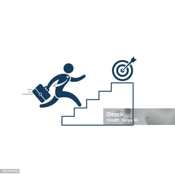 Businessman Walking Up Stairs To Goal Target Business Concept Vector Simple Illustration Stock Illustration - Download Image Now